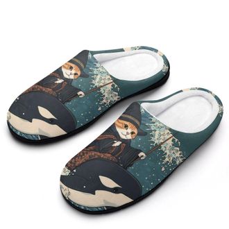 Generic Cat Whale Japanese Ocean Wave Womens Slippers Warm House Slippers Indoor House Shoes with Anti-Skid Rubber Sole