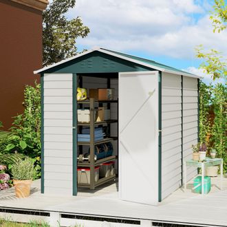 OUTSUNNY 9x6FT Metal Garden Shed Outdoor Storage Shed w/ Sloped Roof Lockable Door in White