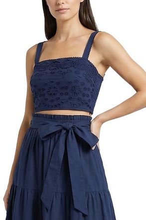 Change of Scenery Ilyssa Eyelet Embroidered Square Neck Smocked Crop Top in Navy Calypso Eyelet at Nordstrom, Size Medium