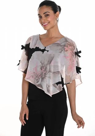 Frank Lyman Design Floral Chiffon Overlay Top In Black/beige
