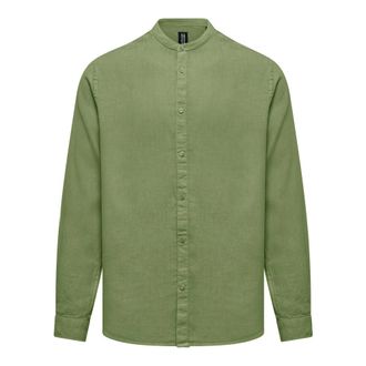 Bomboogie Casual Shirts, male, Green, Size: 2XL Linen Shirt with Mandarin Collar