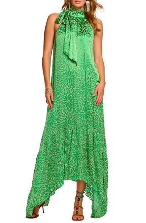 Ramy Brook Nickola Tie Neck Sleeveless Maxi Dress in Bright Palm Burnout at Nordstrom, Size Xx-Large