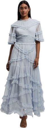 Karen Millen Tulle Ruffle Detail Woven Maxi Dress in Ice Blue at Nordstrom, Size 6