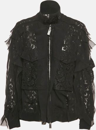 sacai Black Lace Ruffle Detail Zip Up Jacket