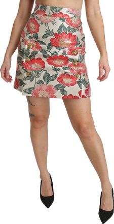 Dolce & Gabbana White Green Red Floral High Waist Mini Womens Skirt