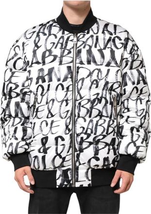Dolce & Gabbana Graffiti Logo Puffer Bomber Jacket - Heren - Bomber jackets - Wit - M - Polyester - Jassen