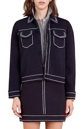 English Factory Denim Look Collared Cardigan in Navy/White at Nordstrom, Size Medium