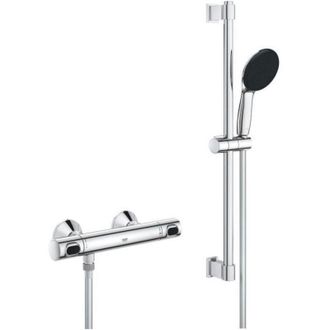 GROHE Ensemble De Douche Avec Mitigeur Thermostatique, Pommeau 1 Jet, Barre 60cm Et Flexible - Grohe 34800001 - Economie DEau - Chrom