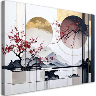 Feeby Cuadro Sobre Lienzo, Abstracci&oacute;n Japonesa Cerezos Monta&ntilde;as Y Paisaje, 100x70