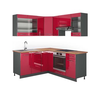 Vicco Cocina Esquinera Fame-line, Burdeos Brillo Intenso/antracita, 160 X 190 Cm, Et Roble
