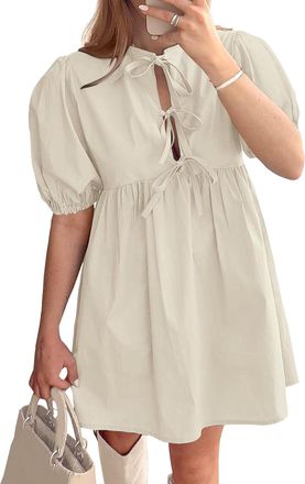 Generic Puff Sleeve Dress for Women Summer Short Sleeve Tie Front Mini Dress Casual Cute Babydoll 2025 Beige