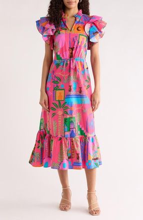 Sugarlips Lanus City Dillan Ruffle Midi Dress in Fuchsia-Multi at Nordstrom, Size X-Large