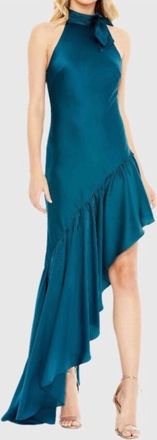 Mac Duggal Halter Neck Asymmetric Ruffle Dress In Teal