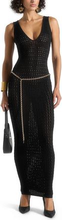 Mani&egrave;re De Voir Myriam Pointelle Plunge Midaxi Dress With Chain in Black at Nordstrom, Size X-Small