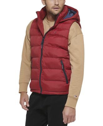 Tommy Hilfiger Mens Hooded Puffer Vest, Red, M