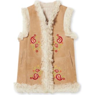 Fortela Sheep Leather Floral Embroidery Gilet in Beige at Nordstrom, Size 42 Eu