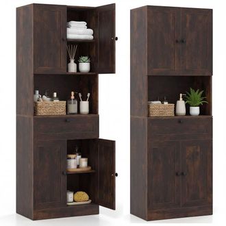 Costway Costway Modern Bathroom Cabinet Wooden Storage Cabinet w/ 4 Doors & 1 Drawer in Brown
