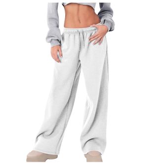 Generic Womens Wide Leg Sweatpants High Elastic Waist Baggy Pants Y2K Casual Solid Color Joggers with Pockets White