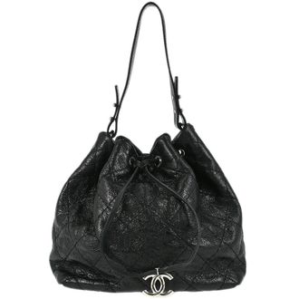 Chanel On The Road Drawstring Bucket Bag Quilted Leather Black Calfskin Handbag (Pre-Owned)