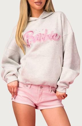 Edikted x Barbie Embellished Hoodie in Light-Gray-Melange at Nordstrom, Size X-Large