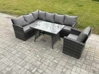 Fimous Wicker Rattan Garden Furniture Corner Sofa Set with Oblong Dining Table Armchair Outdoor Rattan Set in Dark Grey