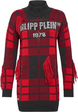 Philipp Plein Red & Black Plaid Knit Crystal Embellished Sweater Dress Size S