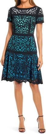 Shani Bar Colorblock Laser Cut Fit & Flare Dress In Teal
