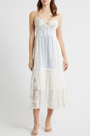 All in Favor Sweetheart Neck Patchwork Midi Dress in Blue Patchwork at Nordstrom, Size X-Small