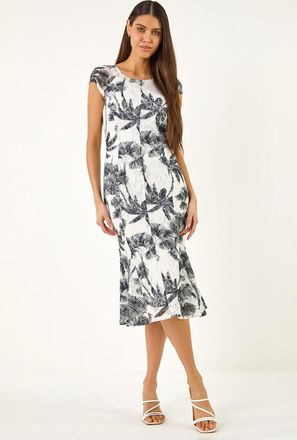 Roman Palm Print Lace Godet Hem Dress
