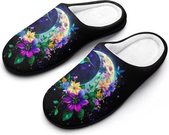 Generic Moon with Flowers Hummingbird Mens House Slippers Memory Foam Washable Cotton Slip on Home Shoes