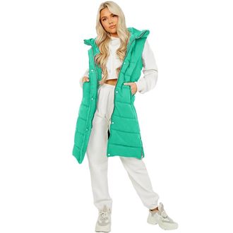 Janisramone Hooded Quilted Jacket Womens, Ladies Gilet Long Coat, Padded Sleeveless Hoodie Women, Puffer Long Jackets for Women UK with Pockets, Ladies Gilets as 