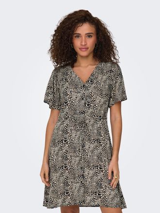 Only Minikleid ONLY ONLEVIDA S/S SHORT DRESS WVN NOOS, Damen, Gr. L (40), N-Gr, beige (pumice stone aop:alma heart leo), Web, Obermaterial: 100% Viskose, b