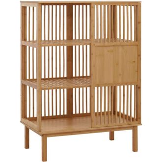 Hhg Scaffale in bamb&ugrave; 589, mobile da bagno armadietto cassettiera, 3 ripiani porta scorrevole mvg 115x80x45cm