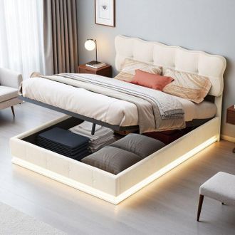 OEM Cama Lit 140x190 Cm, Led Rgb, Hidr&aacute;ulica, Moderna, Marco De Cama Doble 140x190 Cm, Terciopelo, Beige