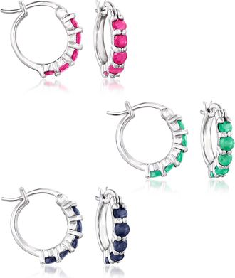 Ross-Simons Multi-Stone and Sterling Silver Jewelry Set: 3 Pairs Of Huggie Hoop Earrings