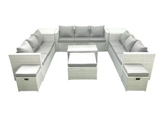 Fimous Rattan Garden Outdoor Furniture Set 12 Seater Garden Sofa Coffee Table Set with 3 Footstools 2 Side Tables Light Grey Mixed
