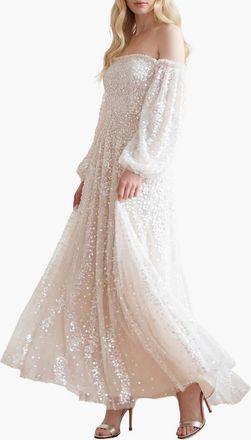 Needle & Thread Confetti Gloss Off-shoulder Gown in Cream/white at Nordstrom, Size 2