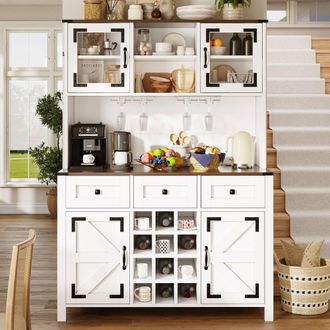 Merax Kitchen Dresser Coffee Bar Cabinet with LED Lighting & Wine Storage in White