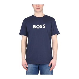 HUGO BOSS Tops, Heren, Blauw, S, Katoen, Katoenen jersey T-shirt met logoprint