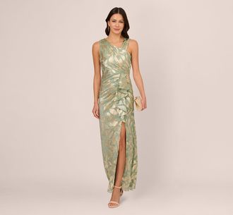 Adrianna Papell Foil Printed Asymmetric Gown With Ruffled Detail In Sage Gold