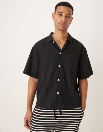 Cotton On Eli - Camicia a maniche corte in misto lino nero testurizzata