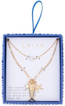 Leith Set of 2 Freshwater Pearl & Fish Charm Necklaces in White- Gold at Nordstrom Rack