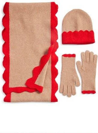 Treasure & Bond Scalloped Scarf, Beanie & Gloves Set in Camel- Red at Nordstrom Rack
