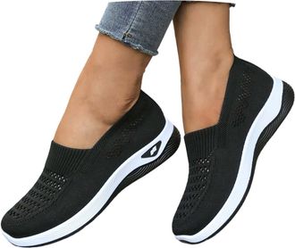 Generic UK Ladies Trainers Wide Fit Slip on Walking Sneakers Loafers Knit Dressy Shoes Casual Low-Top Flats Comfortable Lightweight Walking Shoes Black