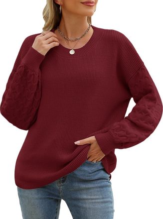 Heekpek Womens Jumpers Ladies Loose Jumpers Long Sleeve Tops Crewneck Cable Knit Sweaters Casual Pullover, WineRed, XL