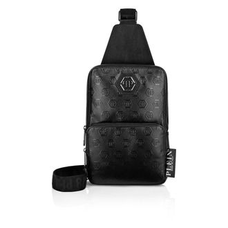 Philipp Plein Tassen, Heren, Zwart, ONE Size, Katoen, Nappa Cross Body Tas met Monogram in Reli&euml;f