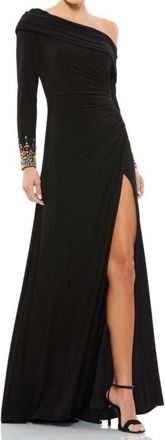 Mac Duggal Bead Cuff Drop Shoulder Gown In Black