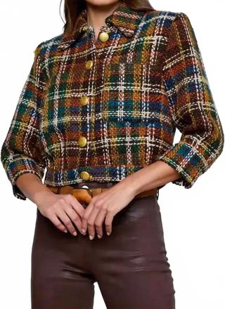 L'agence Jia Cropped Tweed Jacket In Brown Multi Plaid