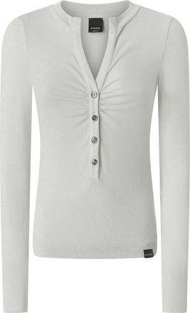 Pinko Metallic Ribgebreide Henley Trui met Lange Mouwen - Dames - Longsleeves - Grijs - L - Tops