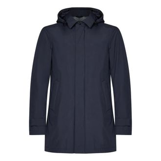 Herno Jassen, Heren, Blauw, M, Polyester, Gewatteerde jas met afneembare capuchon
